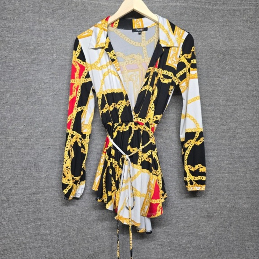 Impulsive Womens Baroque‎ Chain Print Bodysuit Long Sleeve V-Neck Gold Black M
